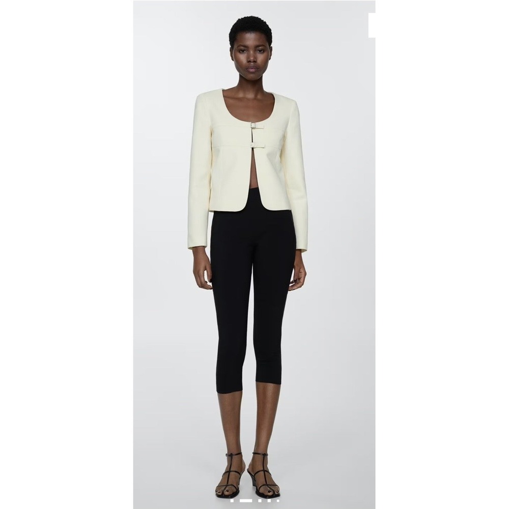 MANGO Double Buckle Cotton Linen Blend Cream Lined Short Blazer Size XS - Picture 2 of 13